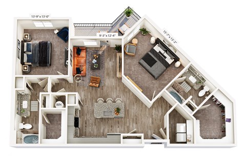 Floor plan for 2 beds, 2 baths, 1304 sqft